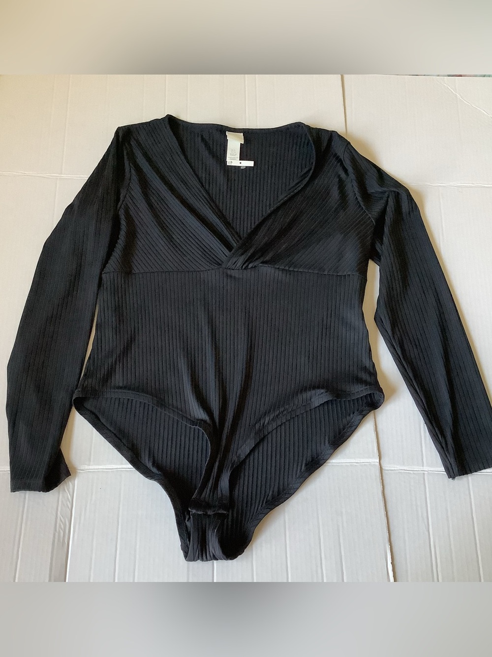 NWT H&M Black Ribbed Long Sleeve Wrap V-Neck Bodysuit Size XL